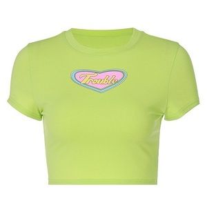 Emmiol Store Heart Trouble Printed Crop Top - Green